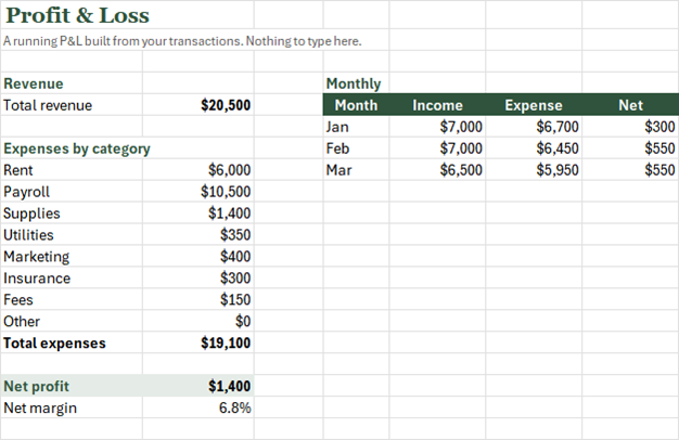 Screenshot of the Expense Tracker and Profit-and-Loss statement